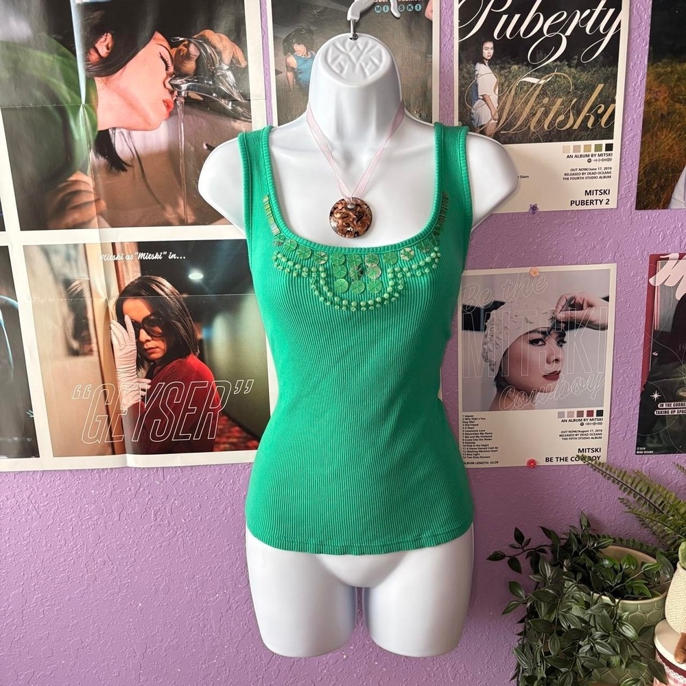 Apostrophe Green Beaded Sequin Ribbed Tank Top Size XL